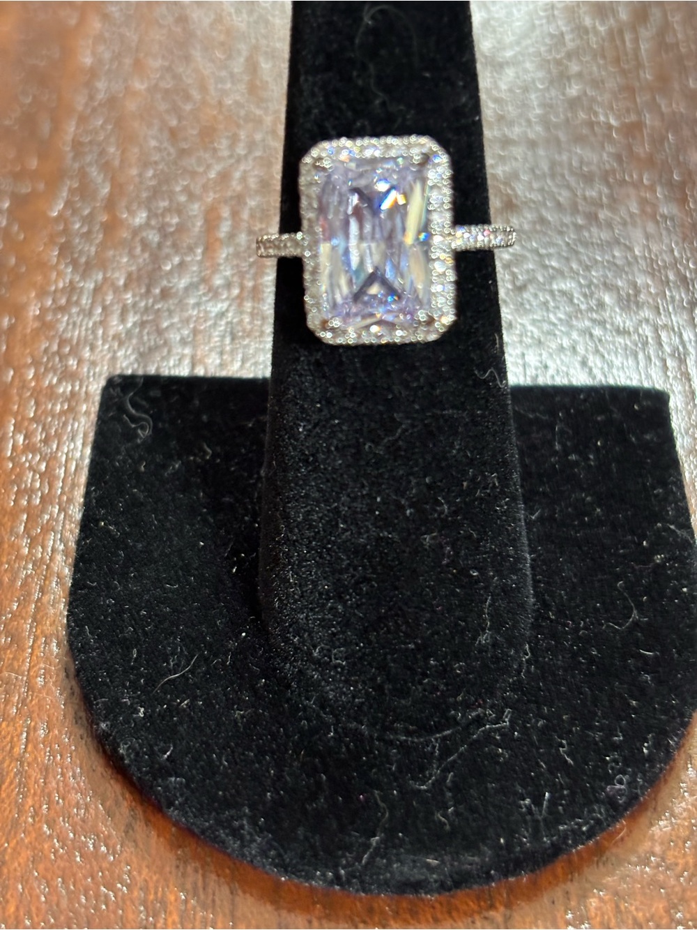 Sparkling Clear Emerald-Cut Halo Ring in Silver Tone. Size 6. - Picture 2 of 15